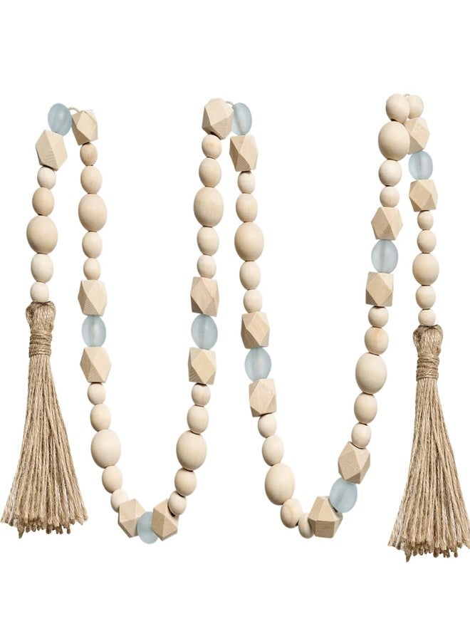 OMISHE Wood Bead Garland with Tassels 52 Inches, Octagonal Handmade Wooden Beads with Blue Acrylic Beads, Boho Wooden Beads Home Decor, Farmhouse Beads Garland for Tiered Tray Decor Beach Decor - Image 1