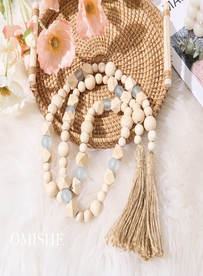OMISHE Wood Bead Garland with Tassels 52 Inches, Octagonal Handmade Wooden Beads with Blue Acrylic Beads, Boho Wooden Beads Home Decor, Farmhouse Beads Garland for Tiered Tray Decor Beach Decor - Image 3