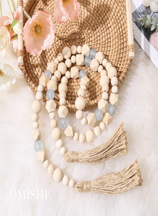 OMISHE Wood Bead Garland with Tassels 52 Inches, Octagonal Handmade Wooden Beads with Blue Acrylic Beads, Boho Wooden Beads Home Decor, Farmhouse Beads Garland for Tiered Tray Decor Beach Decor - Image 4