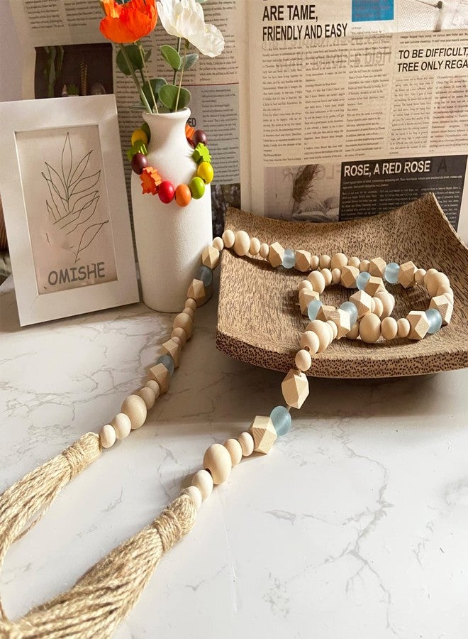 OMISHE Wood Bead Garland with Tassels 52 Inches, Octagonal Handmade Wooden Beads with Blue Acrylic Beads, Boho Wooden Beads Home Decor, Farmhouse Beads Garland for Tiered Tray Decor Beach Decor - Image 5