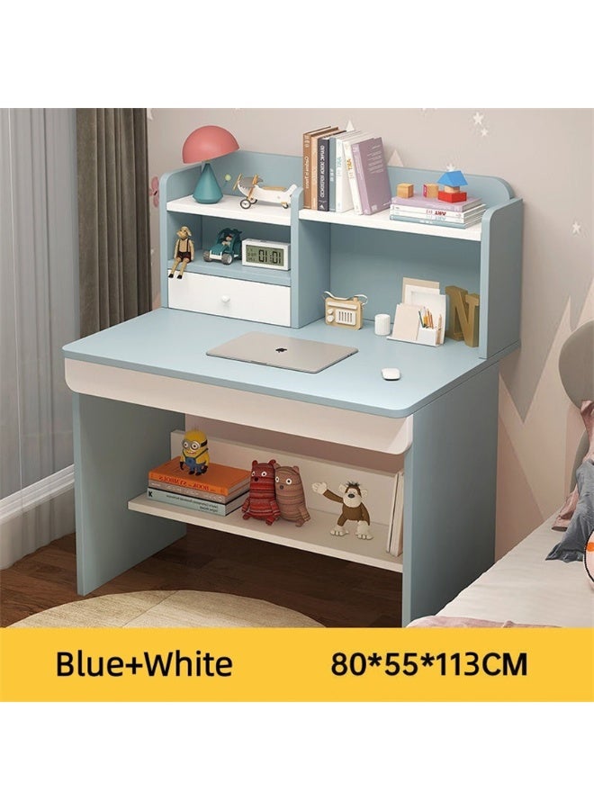 Kids Study Desk, Wooden Students Writting Table with Bookshelf and Storage Cabinet, Computer Table Office Desktop with Documents Storage Shelving Rack for Home Writting Reading and Office PC Notebook Working (Blue, YN118) - Image 1