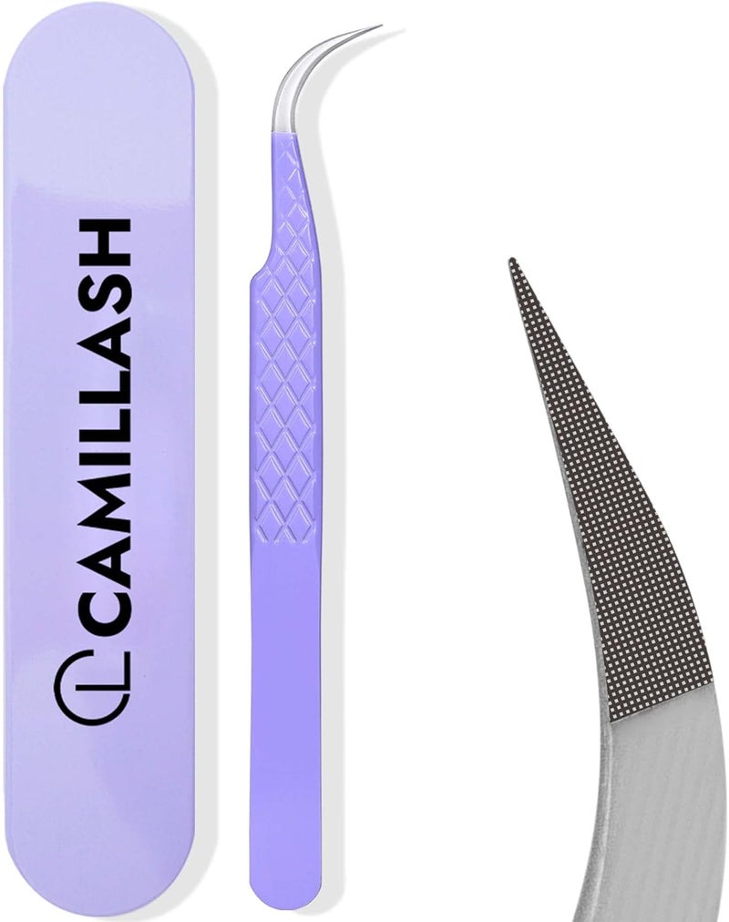 CL CAMILLASH Fiber Tip Lash Tweezers For Eyelash Extension Tweezers Professional Artist Tech Work Kit ToolsBest Volume Eyelash Lashes Extensions Purple Tweezers Precision SuppliesC Curved