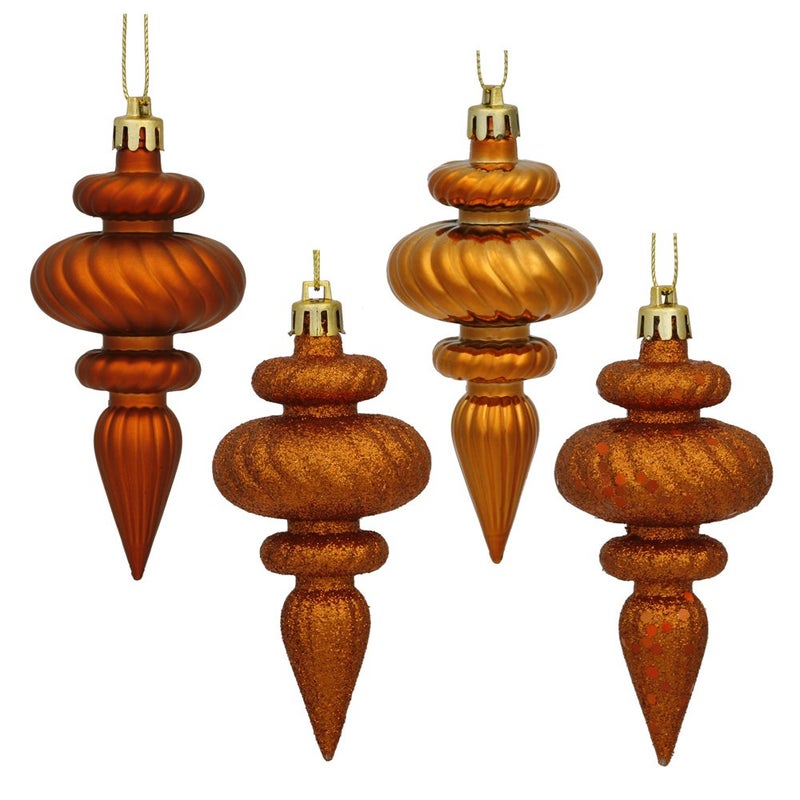 Vickerman 4"" 4-Finish Finial Ornament  Shatterproof Plastic Christmas Tree Decoration  8 Pack  Burnished Orange Shiny  Matte  Glitter and Sequin Finishes - Image 1