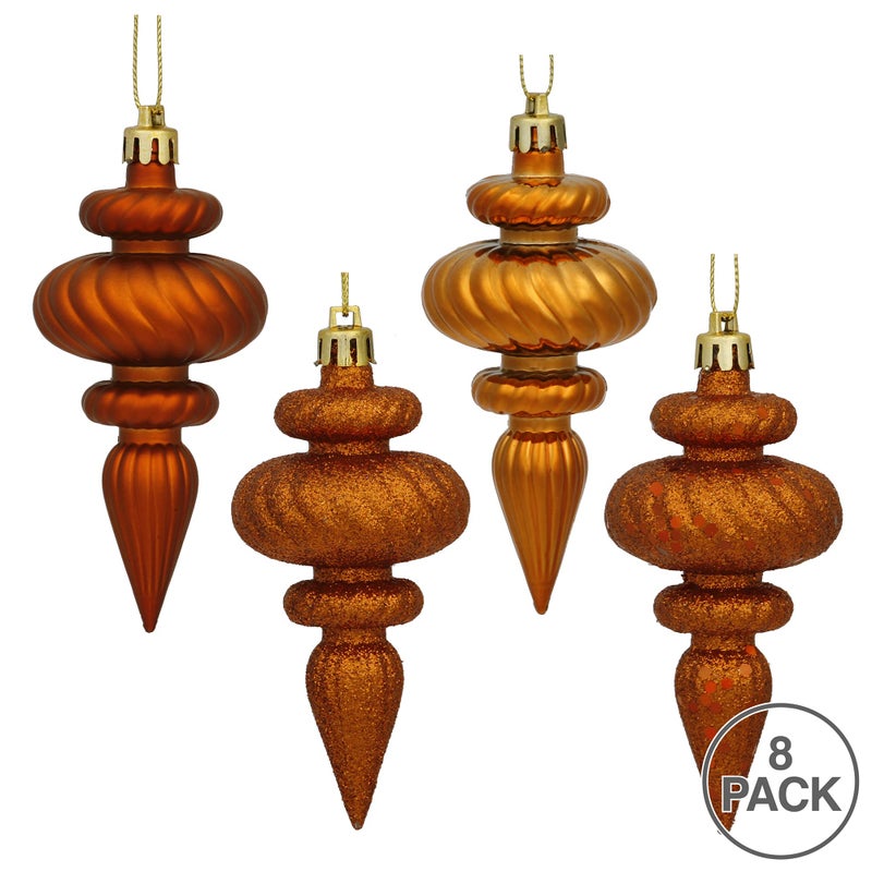 Vickerman 4"" 4-Finish Finial Ornament  Shatterproof Plastic Christmas Tree Decoration  8 Pack  Burnished Orange Shiny  Matte  Glitter and Sequin Finishes - Image 2