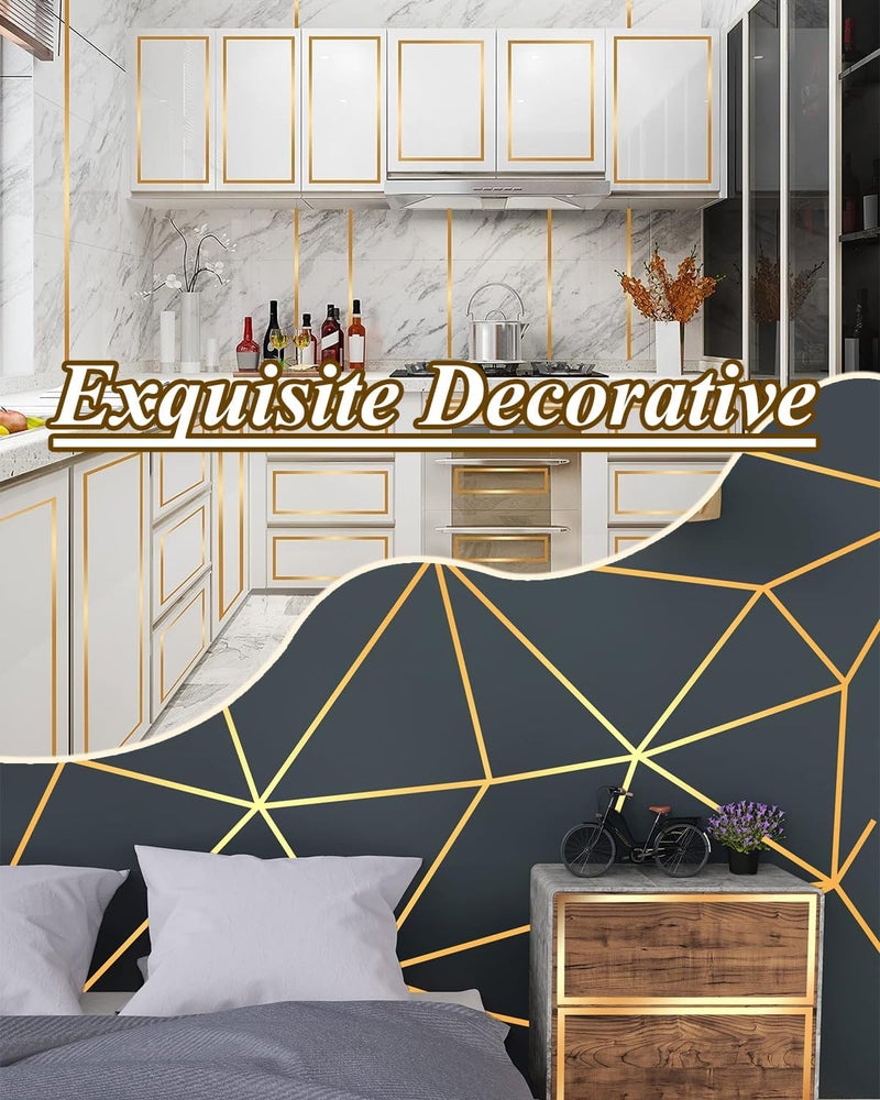 Plexaris شرائط ذهبية للجدران، شريط ذهبي بطول 50 متر لتزيين الجدران، مقاوم للعفن ومائي، ملصقات بلاط ذاتية اللصق للأرضيات، شريط تزيين ذهبي لحواف السقف والأرضيات وخزائن البلاط، - Image 5