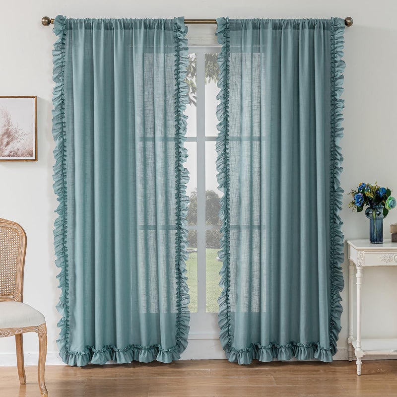 TERLYTEX Stone Blue Ruffle Curtains 84 Inches Long 2 Panels, 58 x 84 Inch, Linen Textured Flowy Window Curtains for Living Room Bedroom Rod Pocket Privacy Light Filtering Semi-Sheer Ruffled Curtain - Image 2