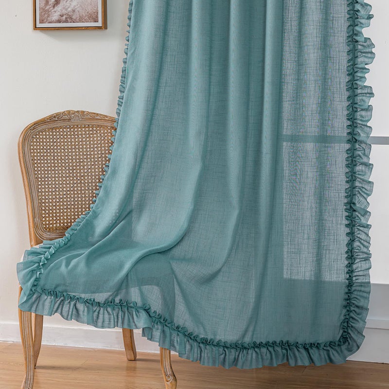 TERLYTEX Stone Blue Ruffle Curtains 84 Inches Long 2 Panels, 58 x 84 Inch, Linen Textured Flowy Window Curtains for Living Room Bedroom Rod Pocket Privacy Light Filtering Semi-Sheer Ruffled Curtain - Image 5