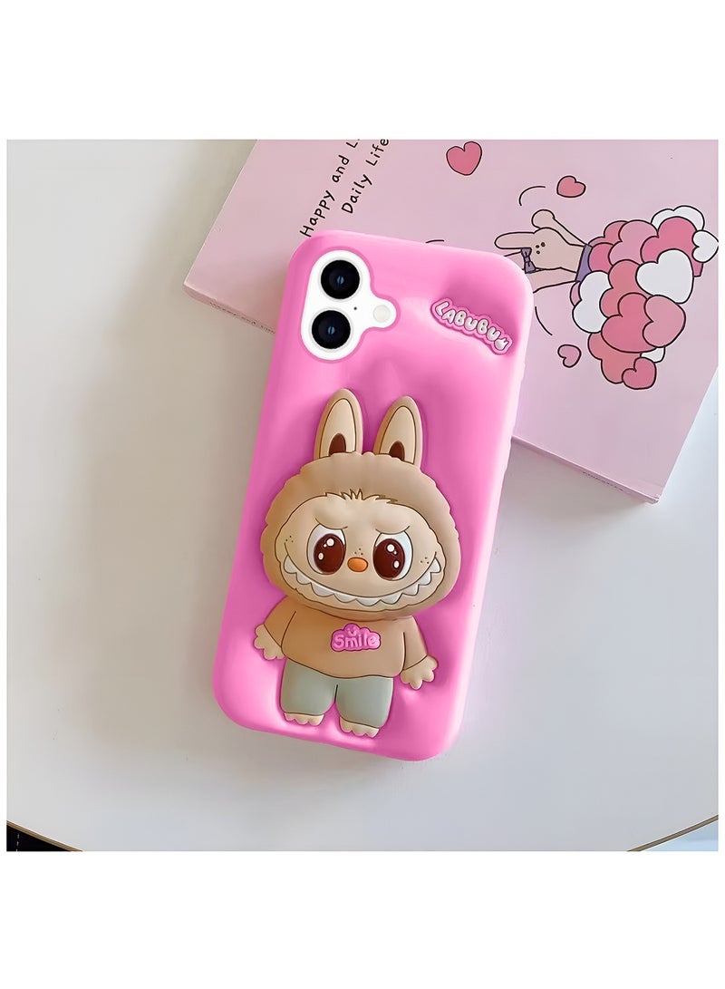 Wtech Apple iPhone 16 5G 2024 3D Labubu Cartoon Pop Case, Premium Soft Liquid Jelly Silicone Case with Phone Holder Cool Full Protective Cute Aesthetic Case Cover - Hot Pink - Image 2