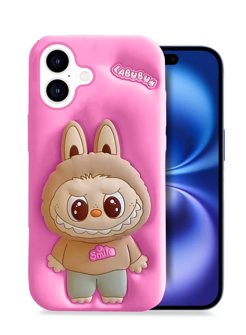 Wtech Apple iPhone 16 5G 2024 3D Labubu Cartoon Pop Case, Premium Soft Liquid Jelly Silicone Case with Phone Holder Cool Full Protective Cute Aesthetic Case Cover - Hot Pink - Image 1