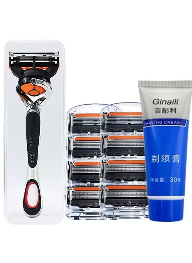 8-piece men's razor blade replacement set, comes with shaving cream and free handle - ultra sharp stainless steel blades for smooth shaving, including replaceable blade heads, double-edged razor blades, and travel carrying razors