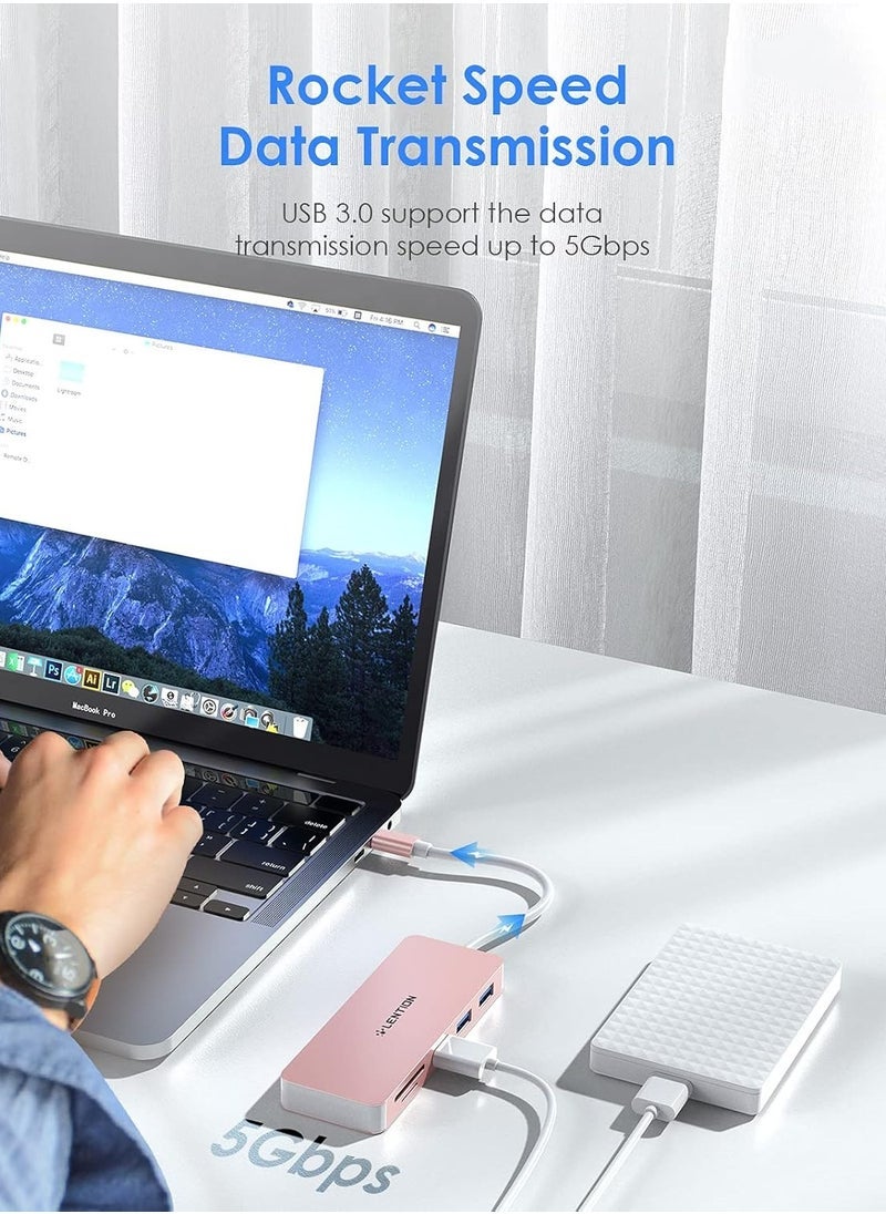 Lention LENTION USB C Hub with 3 USB 3.0 & SD/Micro SD Card Reader Compatible 2021-2016 MacBook Pro 13/15/16, New Mac Air/iPad Pro/Surface, More, Stable Driver Certified Type C Adapter (CB-C15, Rose Gold)  - Image 3