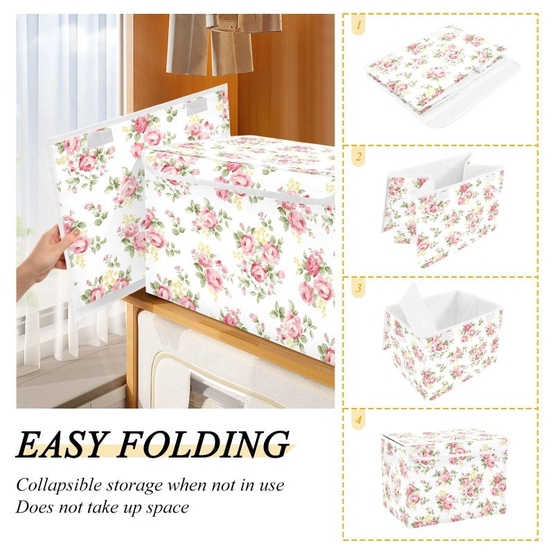 senya Flower Baskets Collapsible Storage Bins with Lids, Pink Rose Flower Floral Storage Boxes Clothes Baskets for Organizing - Image 4