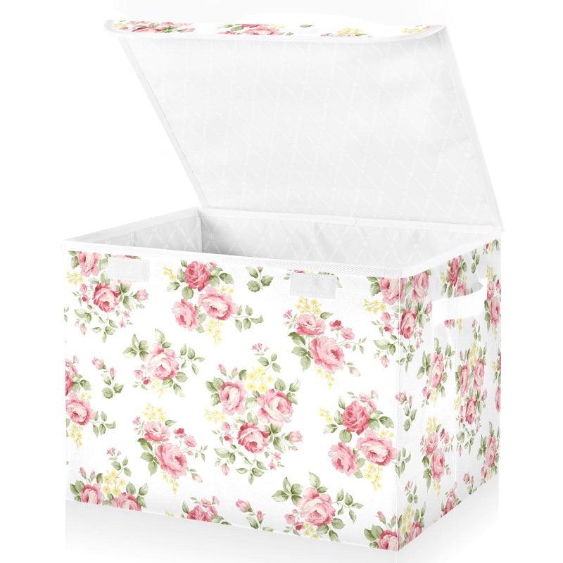 senya Flower Baskets Collapsible Storage Bins with Lids, Pink Rose Flower Floral Storage Boxes Clothes Baskets for Organizing - Image 1