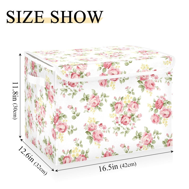 senya Flower Baskets Collapsible Storage Bins with Lids, Pink Rose Flower Floral Storage Boxes Clothes Baskets for Organizing - Image 3