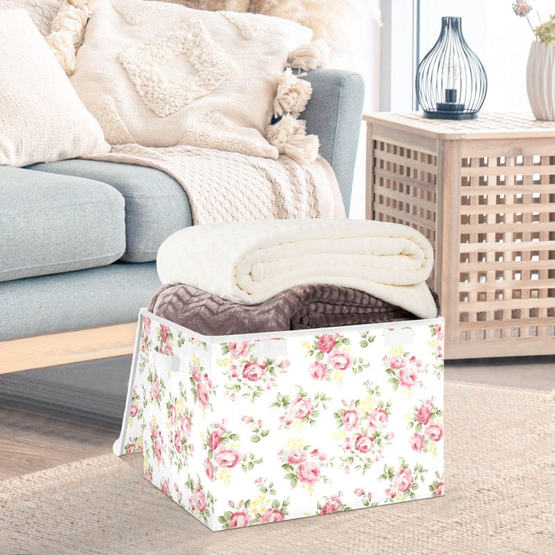 senya Flower Baskets Collapsible Storage Bins with Lids, Pink Rose Flower Floral Storage Boxes Clothes Baskets for Organizing - Image 5