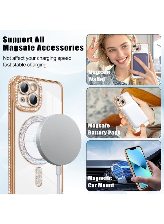 Magnetic Sparkly Glitter Phone Case for iPhone 14 Plus [Compatible with Magsafe], Camera Lens Shockproof Protector Bling Diamonds Soft TPU Cover Girls Women for iPhone 14 Plus Gold. - Image 3