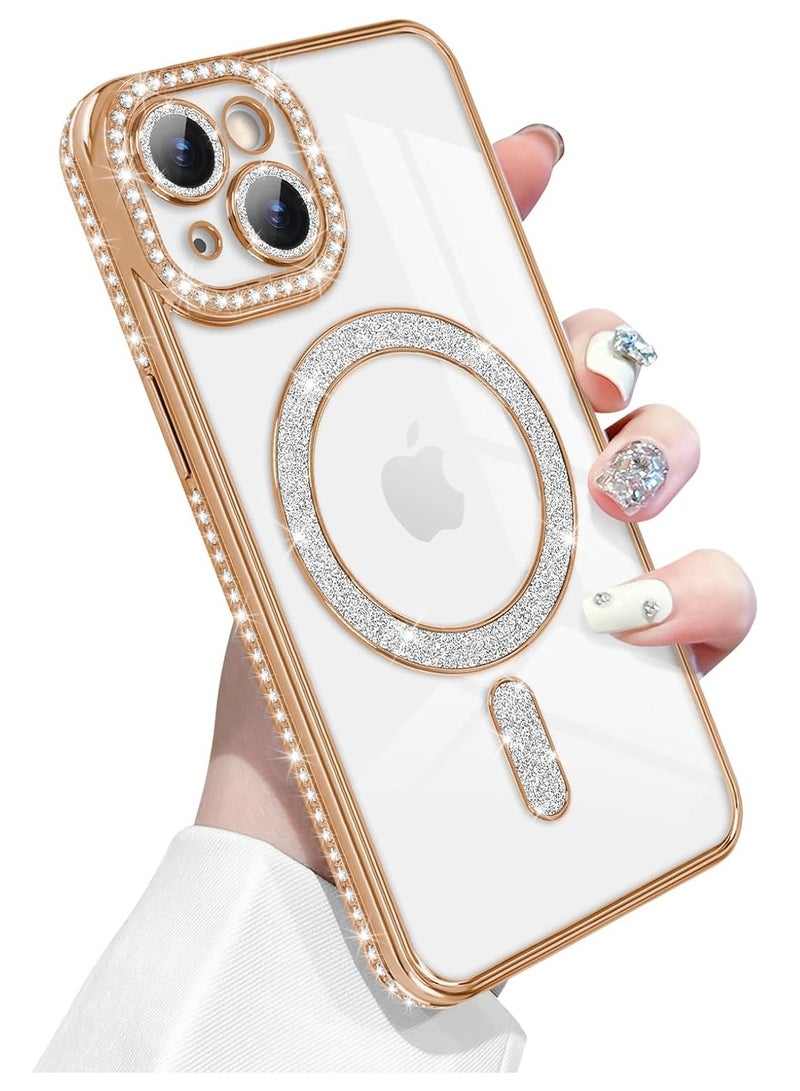 Magnetic Sparkly Glitter Phone Case for iPhone 14 Plus [Compatible with Magsafe], Camera Lens Shockproof Protector Bling Diamonds Soft TPU Cover Girls Women for iPhone 14 Plus Gold. - Image 1