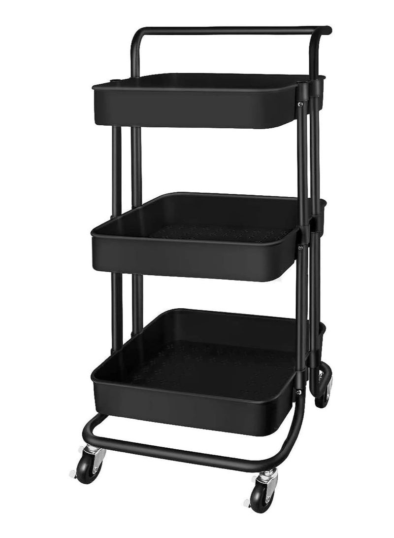 BLOOMING TIME 3 Tier Rolling Storage Cart with Wheels Handle, Heavy Duty Utility  Storage Shelves Organizer - Black - Image 1