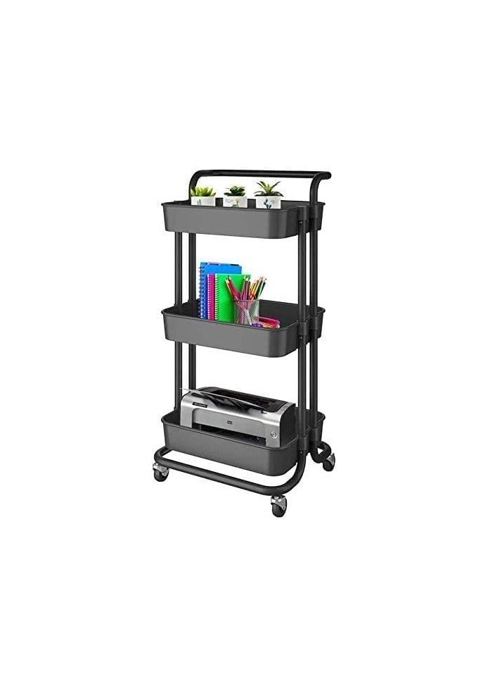BLOOMING TIME 3 Tier Rolling Storage Cart with Wheels Handle, Heavy Duty Utility  Storage Shelves Organizer - Black - Image 2