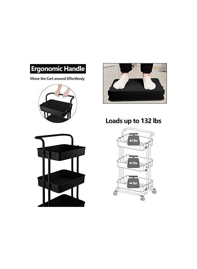 BLOOMING TIME 3 Tier Rolling Storage Cart with Wheels Handle, Heavy Duty Utility  Storage Shelves Organizer - Black - Image 3