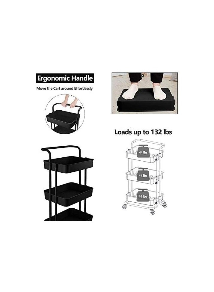 BLOOMING TIME 3 Tier Rolling Storage Cart with Wheels Handle, Heavy Duty Utility  Storage Shelves Organizer - Black - Image 4