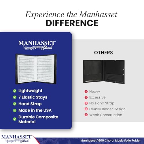 Manhasset حافظة نوتات الكورال طراز 1600 من مانهاست، سوداء، بحزام يد مرن و7 دعامات مرنة، تحمل نوتات بحجم 8½″ × 11″، حافظة كورال احترافية مصنوعة في الولايات المتحدة - Image 4