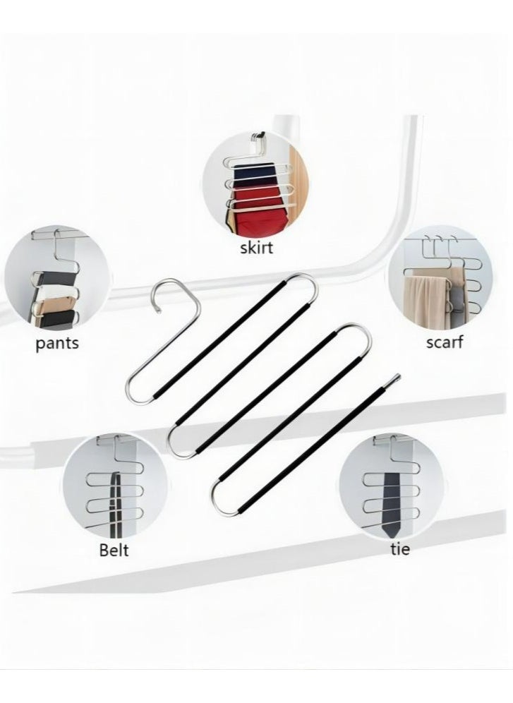 TNGames 2 Pack Pants Hangers Non Slip S-Shaped 5 Layers Stainless Steel Clothes Hangers Closet Storage Organizer Multi Space Saving Hanger for Pants Jeans Belt Tie Scarf 