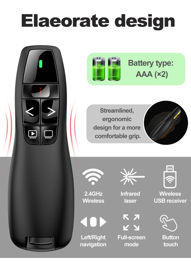 TOPONIEX Wireless Presenter, 2.4G Wireless Laser Pointer with Ergonomic Grip, 4-Button Control & USB Receiver Storage, Black - Image 3