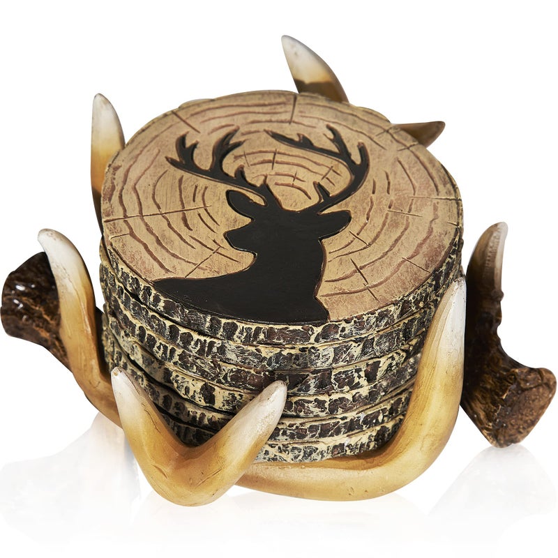 Cabin Obsession Deer Antlers Coaster Set of 6 â€“ Handcrafted Deer Antler Decor and Man Cave Gifts for Men - 6 Full Size Deer Antlers Coasters for Man Cave DÃ©cor - Image 1
