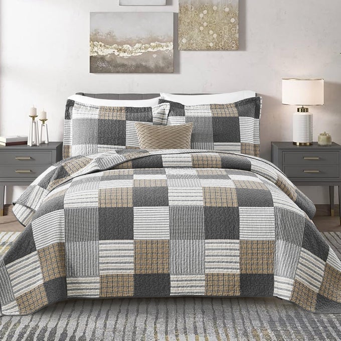 PLAID QUILTS QUEEN SIZE 100 COTTON SOFT LIGHTWEIGHT BEDDING SET 3 PIECES FARMHOUSE QUILTED BEDSPREAD WITH 2 PILLOWSHAMS FOR QUEEN BED GREY WHITE BLACK COVERLET FOR ALL SEASON