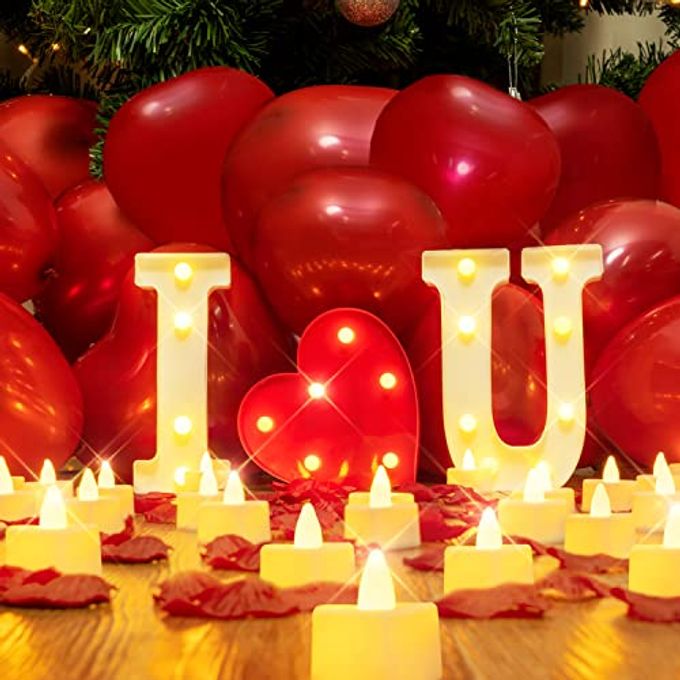 I LOVE U LIGHT UP LETTERS PROPOSAL DECORATIONS I LOVE U SIGN WITH 24PCS FLAMELESS CANDLES 1000PCS RED FAKE ROSE PETALS 30PCS RED BALLOONS FOR VALENTINES DAY WEDDING PROPOSAL ROMANTIC NIGHT