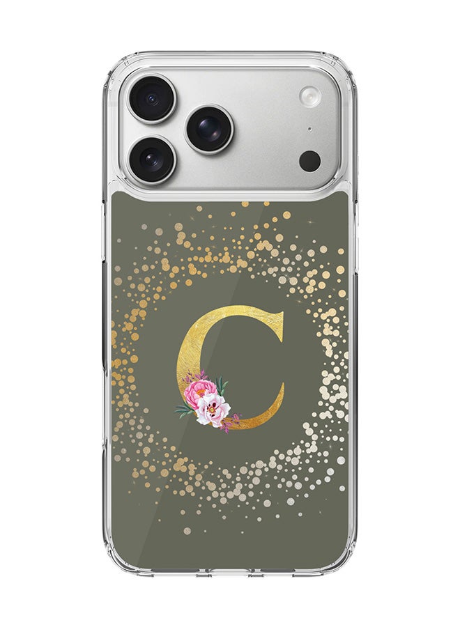 Stylizedd Classic Clear MagSafe Case for iPhone 17 Pro Max , Hybrid Soft Case Flexible Edges Anti Drop TPU PC Gel Thin Transparent Cover [ Designed for iPhone 17 Pro Max ] - Custom Monogram Initial Letter Floral Pattern Alphabet - C  (Olive Green )