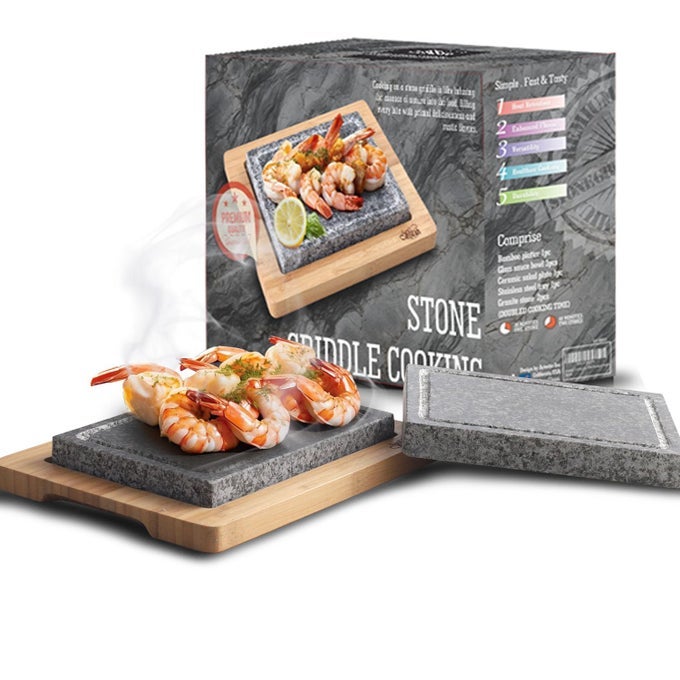 STEAK STONE GRILL SET WITH 2 GRANITE STONES 1 BAMBOO TRAY PREMIUM REUSABLE COOKING STONE FOR SIZZLING STEAKS BBQ HIBACHI KITCHEN OUTDOOR GRILLING HEATRESISTANT NATURAL GRANITE