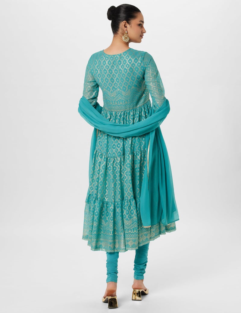 BIBA Women Cotton Blend Printed Anarkali Regular Fit Salwar Kurta Dupatta(Skdgold Mur9143_Sea Green_34) - Image 3