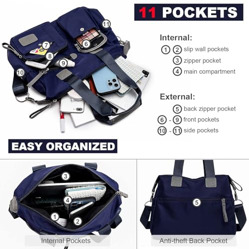 YouNuo Women Nylon Tote with Multiple Pockets & Zipper, Work Nursing Bag, Large Shoulder Purse,Waterproof Galaxy Cross body Bag for Travel (Pure Navy Blue) - Image 5