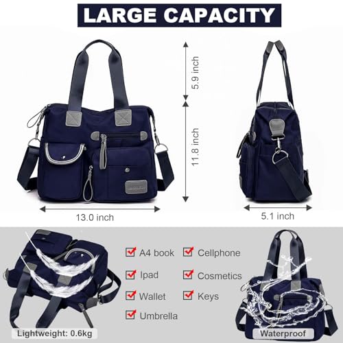 YouNuo Women Nylon Tote with Multiple Pockets & Zipper, Work Nursing Bag, Large Shoulder Purse,Waterproof Galaxy Cross body Bag for Travel (Pure Navy Blue) - Image 4