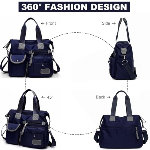 YouNuo Women Nylon Tote with Multiple Pockets & Zipper, Work Nursing Bag, Large Shoulder Purse,Waterproof Galaxy Cross body Bag for Travel (Pure Navy Blue) - Image 2