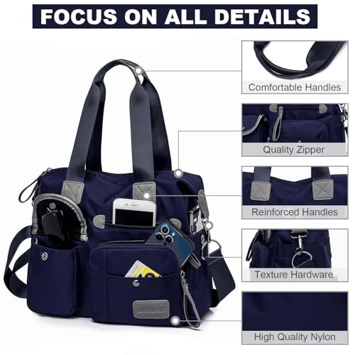 YouNuo Women Nylon Tote with Multiple Pockets & Zipper, Work Nursing Bag, Large Shoulder Purse,Waterproof Galaxy Cross body Bag for Travel (Pure Navy Blue) - Image 3