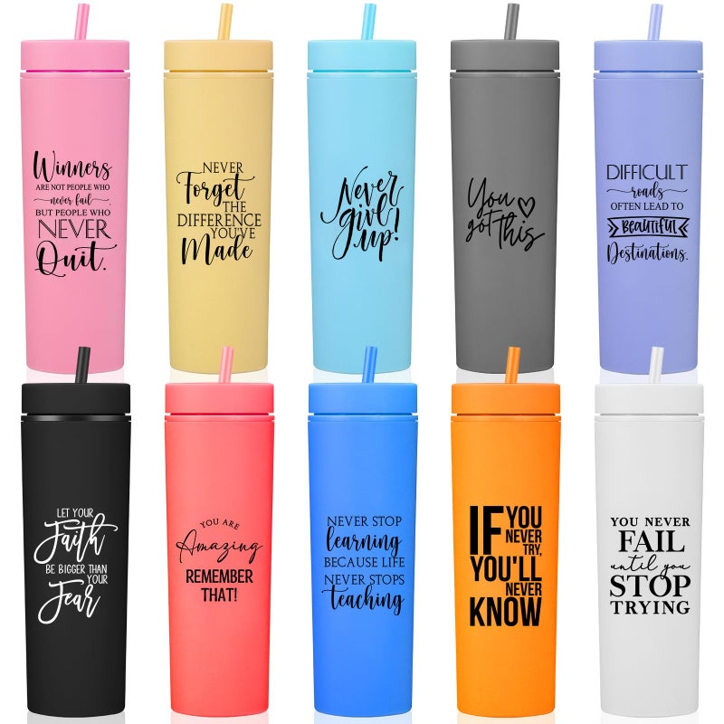 Tioncy 10 Pcs Employee Appreciation Gift Bulk Thank You Water Cup 16oz Matte Inspirational Skinny Tumbler with Lid and Straw for Team Office Teacher Coworker Volunteer Housekeeping WeekCharming