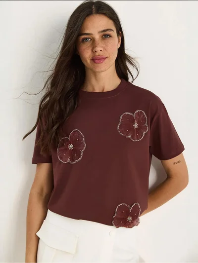 Bianco Lucci LUCCI Floral Print Crew Neck T-Shirt with Accessory Detail