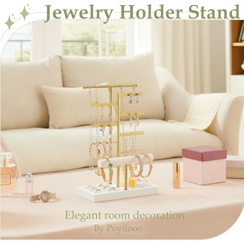 Poyilooo Earring Holder Jewelry Stand, 3 Tier Jewelry Organizer with Ring Holder Tray for Necklace Earring Keychains Bracelet Rings Display Jewelry Tree Stand (Whitegold) - Image 2