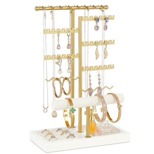 Poyilooo Earring Holder Jewelry Stand, 3 Tier Jewelry Organizer with Ring Holder Tray for Necklace Earring Keychains Bracelet Rings Display Jewelry Tree Stand (Whitegold) - Image 1