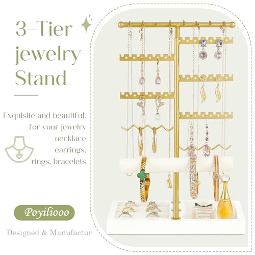 Poyilooo Earring Holder Jewelry Stand, 3 Tier Jewelry Organizer with Ring Holder Tray for Necklace Earring Keychains Bracelet Rings Display Jewelry Tree Stand (Whitegold) - Image 5