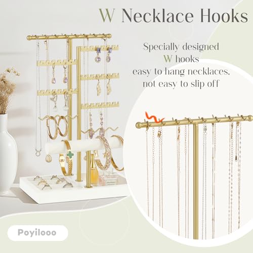 Poyilooo Earring Holder Jewelry Stand, 3 Tier Jewelry Organizer with Ring Holder Tray for Necklace Earring Keychains Bracelet Rings Display Jewelry Tree Stand (Whitegold) - Image 4