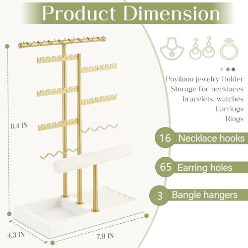 Poyilooo Earring Holder Jewelry Stand, 3 Tier Jewelry Organizer with Ring Holder Tray for Necklace Earring Keychains Bracelet Rings Display Jewelry Tree Stand (Whitegold) - Image 3