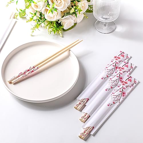 Suttmin 50 Pairs Cherry Blossom Chopsticks Bulk with Sleeved Blue Flower Disposable Bamboo Eucalyptus Chopsticks Wedding Favors Chinese Japanese Food Supply for Takeout Picnic(Cherry) - Image 4