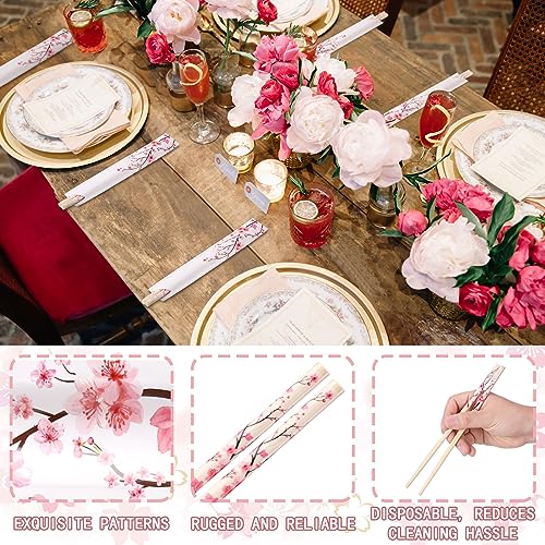 Suttmin 50 Pairs Cherry Blossom Chopsticks Bulk with Sleeved Blue Flower Disposable Bamboo Eucalyptus Chopsticks Wedding Favors Chinese Japanese Food Supply for Takeout Picnic(Cherry) - Image 3