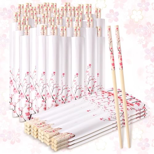 Suttmin 50 Pairs Cherry Blossom Chopsticks Bulk with Sleeved Blue Flower Disposable Bamboo Eucalyptus Chopsticks Wedding Favors Chinese Japanese Food Supply for Takeout Picnic(Cherry) - Image 1