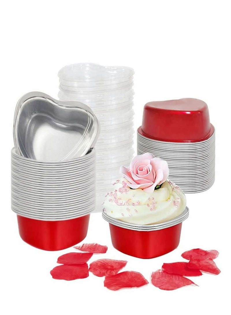 Excefore 50 Sets of Aluminum Cupcake Cups with Lids, Heart-Shaped Cake Pans for Baking with Red Petals, 3.5 Ounces Red Disposable Mini Foil Pans - Image 1
