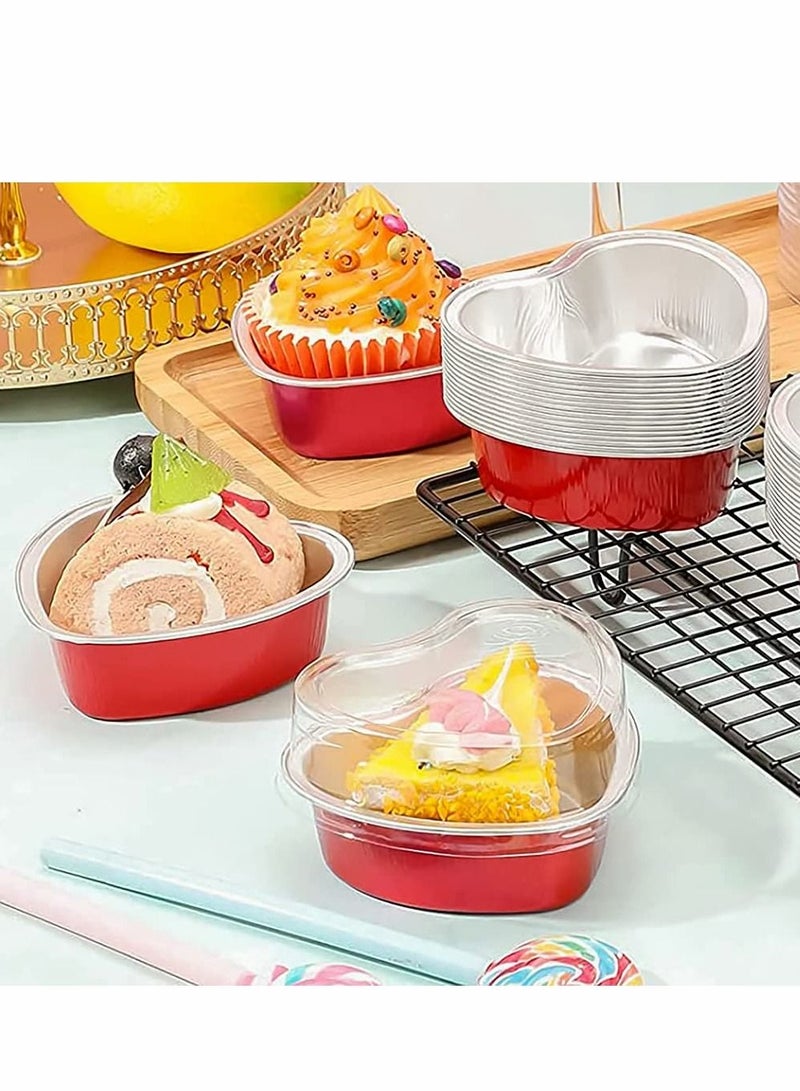 Excefore 50 Sets of Aluminum Cupcake Cups with Lids, Heart-Shaped Cake Pans for Baking with Red Petals, 3.5 Ounces Red Disposable Mini Foil Pans - Image 2